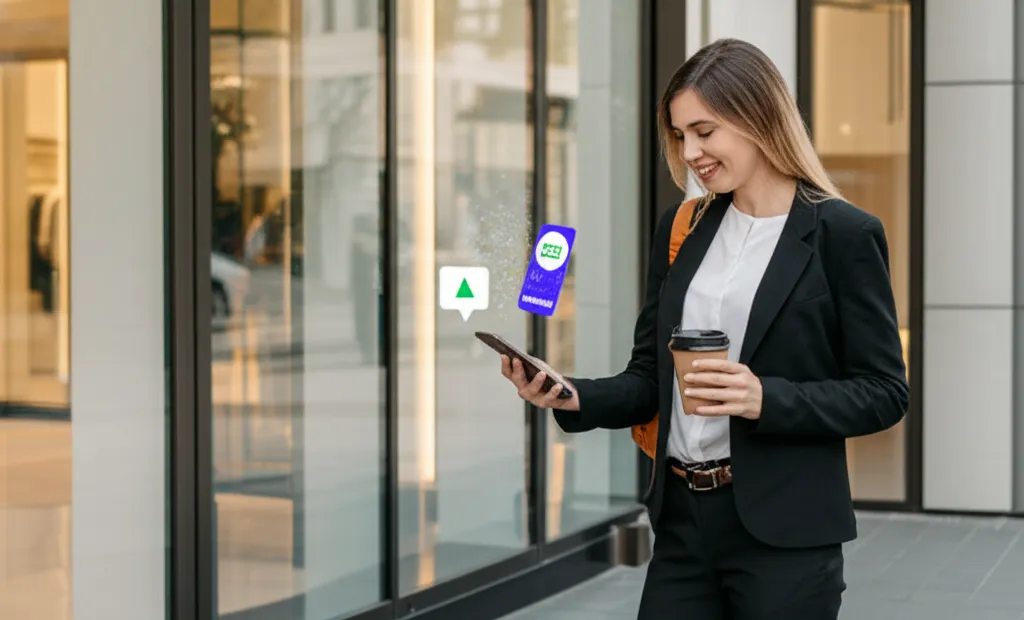 时尚商旅人士在奢侈品店外,显示退税成功通知